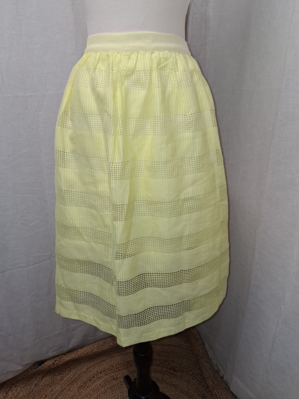 Jealous Tomato Pale Yellow Mesh-Striped Midi Skirt